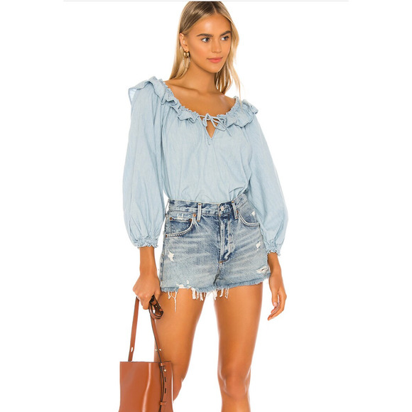 𝅺New Free People Lily of the‎ Valley Chambray Ruffle Blouse Large - Picture 1 of 7
